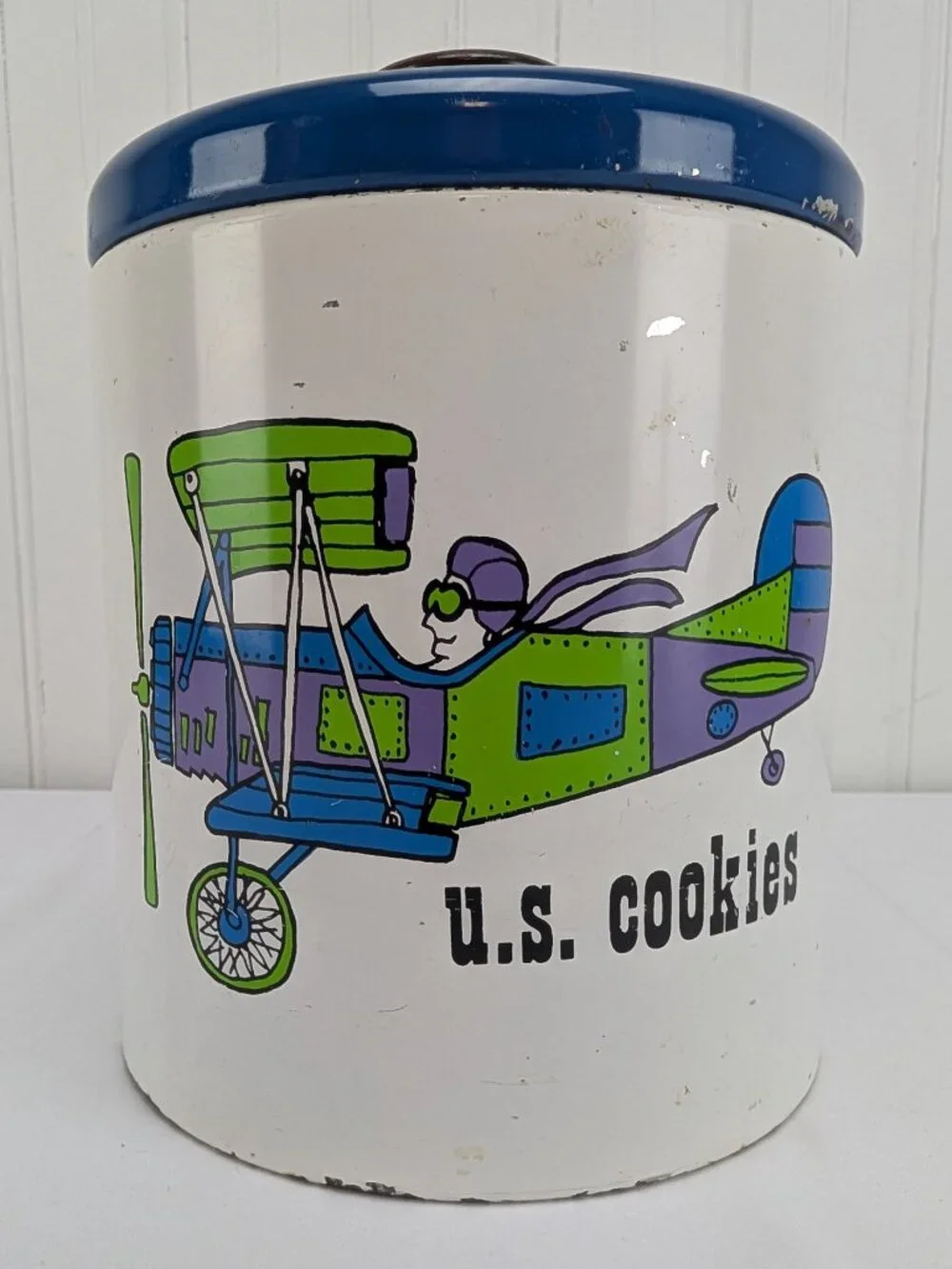 Vintage Ransburg Cookie Jar Tin U.S. Cookies Metal Lid Biplane Retro Airplane